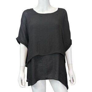 Umgee Womens Oversized Layered Short Sleeve Top Black Lightweight Rayon Blend S